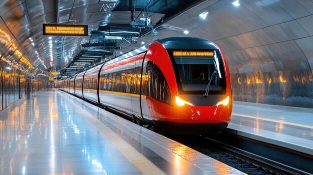 A red and white train is traveling through a tunnel photo