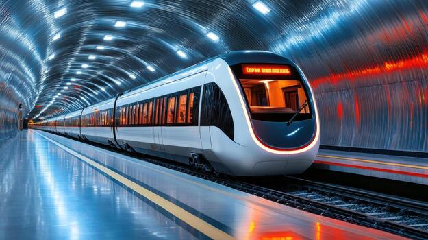A train is moving through a tunnel with a red light photo
