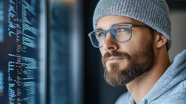 A man in glasses and a beanie looking at a computer screen photo