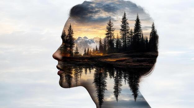 A woman's head is shown with a forest and trees in the background photo