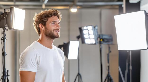 A man standing in front of a camera with lights photo