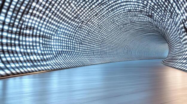 A tunnel with lights and a long walkway photo