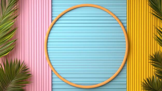 A colorful background with palm leaves and a round frame photo