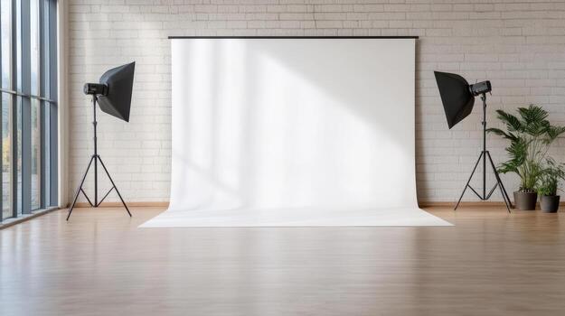 White photo studio with two light stands and a white backdrop