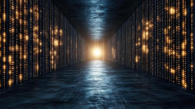 A dark tunnel with many lights and a light at the end photo