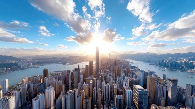 Hong kong skyline with the sun shining over it photo