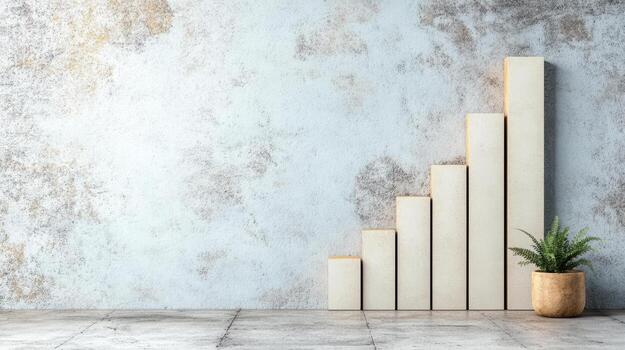 A plant in a pot on a wooden table next to a wall with a chart photo