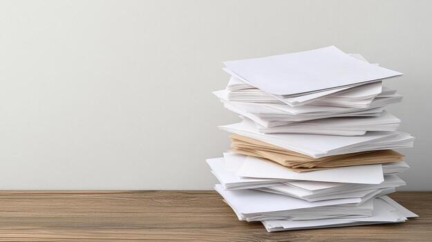 Stack of papers on wooden table photo