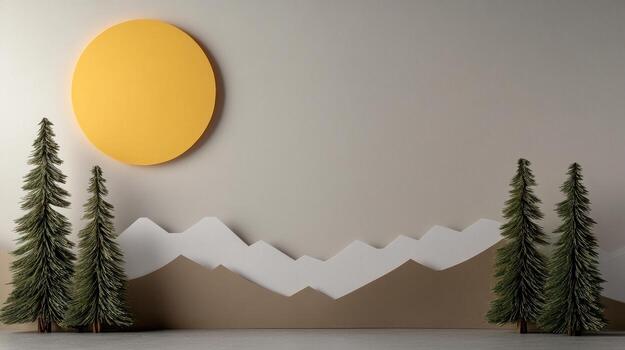 3d rendering of a mountain landscape with trees and a sun photo