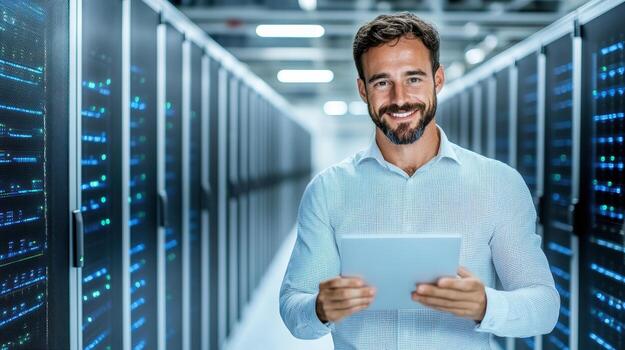 A man holding a tablet in a server room photo