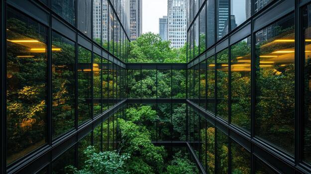 A view of a building with glass walls and trees photo