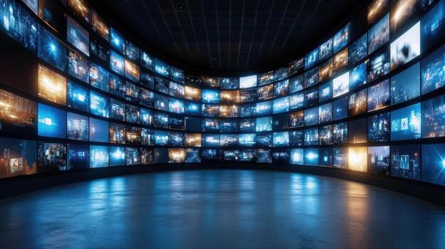 A large room with many screens showing different images photo