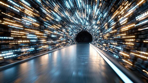 A tunnel with lights and a long road photo