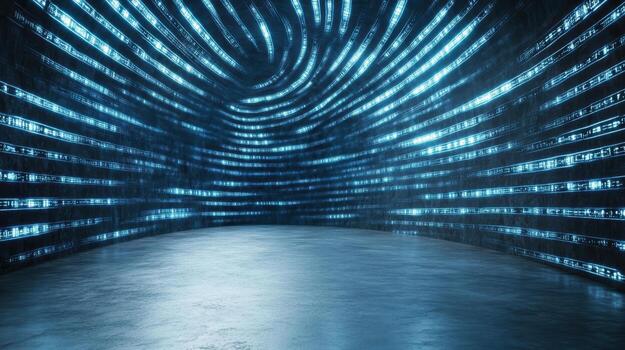 A tunnel with many lights and a dark room photo