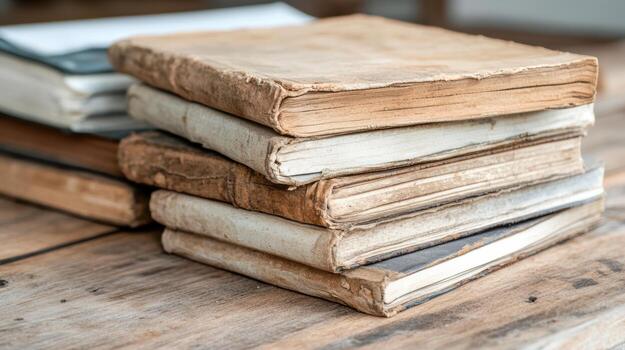 Old books stacked on a wooden table photo