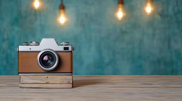 retro cámara en de madera mesa con ligero bombillas foto