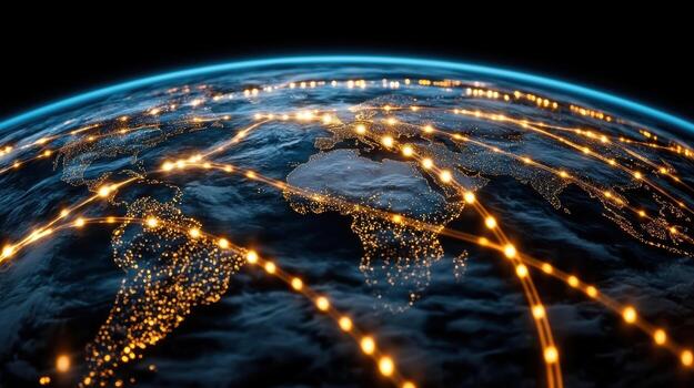The earth with network lines and lights in the night sky photo