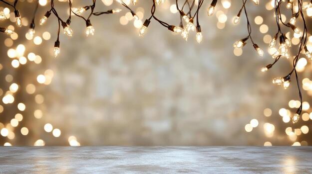 Navidad luces en un mesa con un ligero antecedentes foto