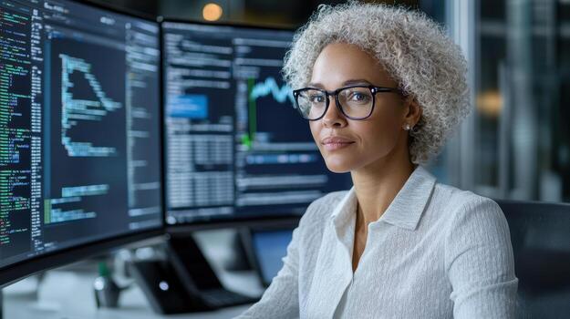 A woman in glasses sitting at a computer with multiple screens photo