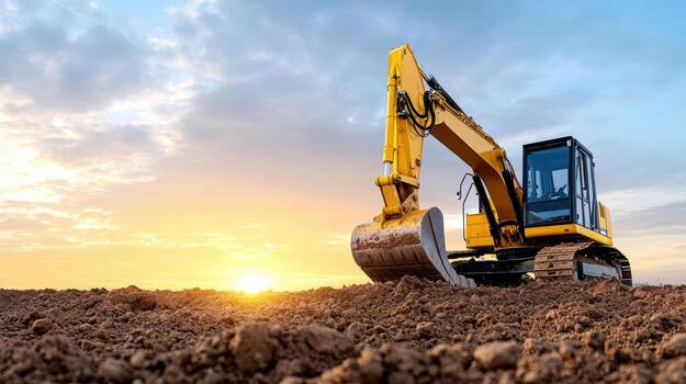 A yellow excavator is digging dirt in the field photo