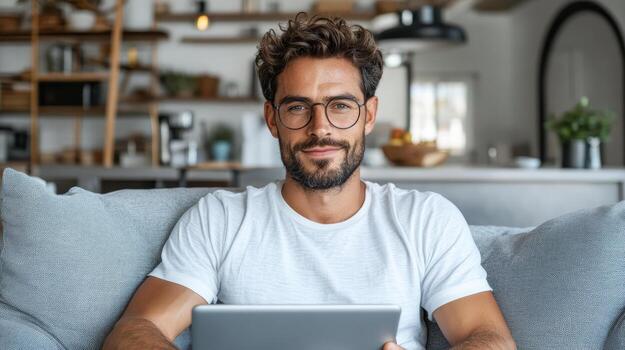 A man with glasses and a beard sitting on a couch with a tablet photo