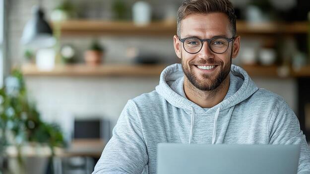 A man with glasses and a hoodie is smiling while using a laptop photo