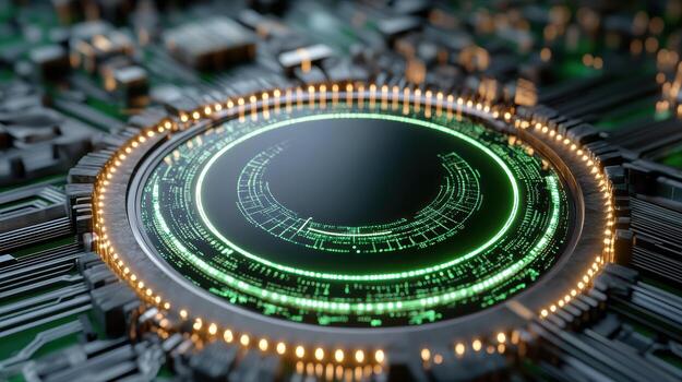 A green circular button on a circuit board photo