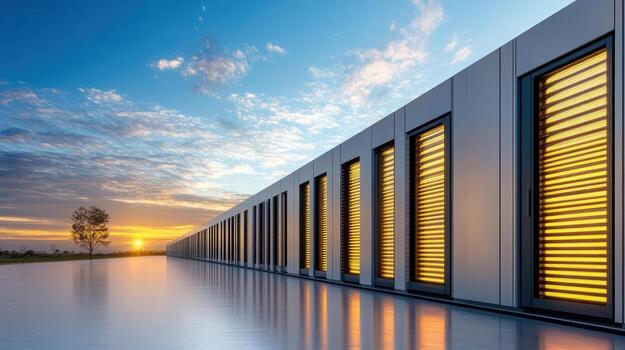 A row of white storage units at sunset photo