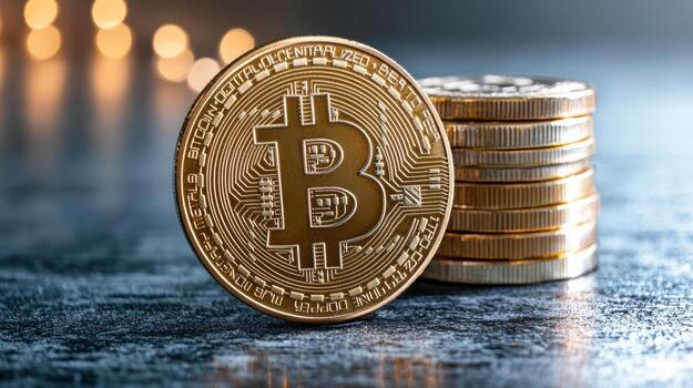 Bitcoin and gold coins on a table with blurred lights photo