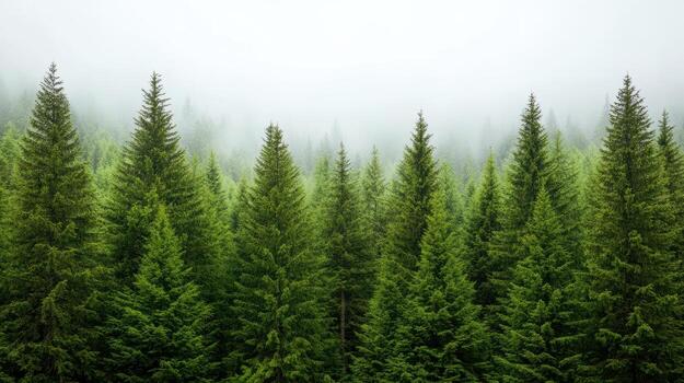 A forest of evergreen trees in the fog photo
