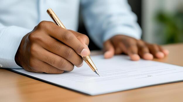 A man signing a contract with a pen photo