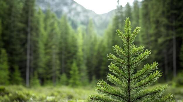 A small pine tree in the middle of a green forest photo
