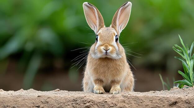 A rabbit is sitting on the ground in front of a green field photo