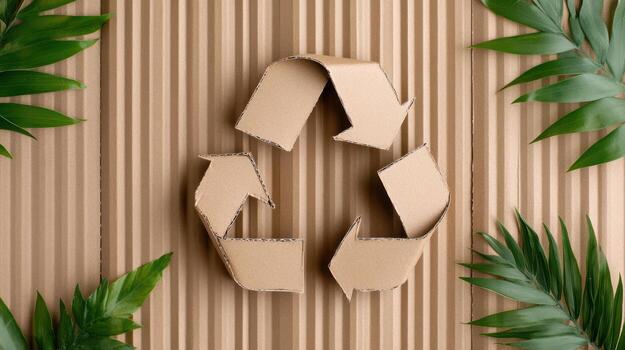 Recycle symbol made from cardboard on a wooden background photo
