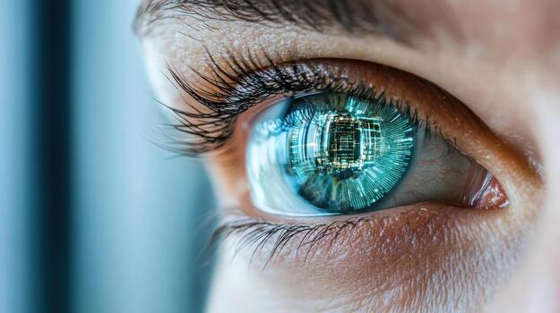 A close up of a person's eye with a city in the reflection photo