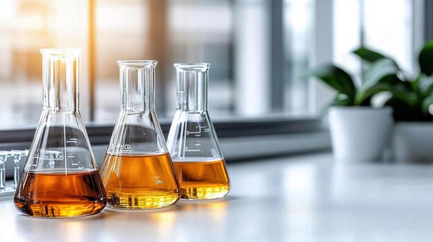 Three glass flasks with liquid in them on a table photo
