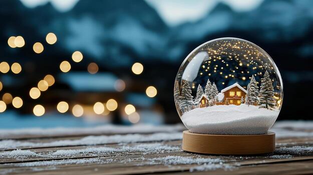 A snow globe with a house in it on a wooden table photo
