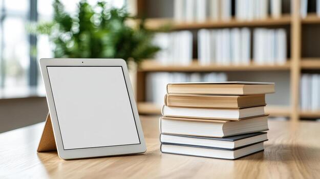 Tablet with blank screen and books on wooden table in library photo