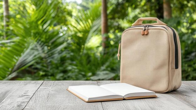 Backpack and book on wooden table with green background photo