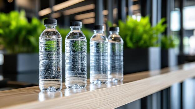 Three bottles of water are lined up on a wooden table photo