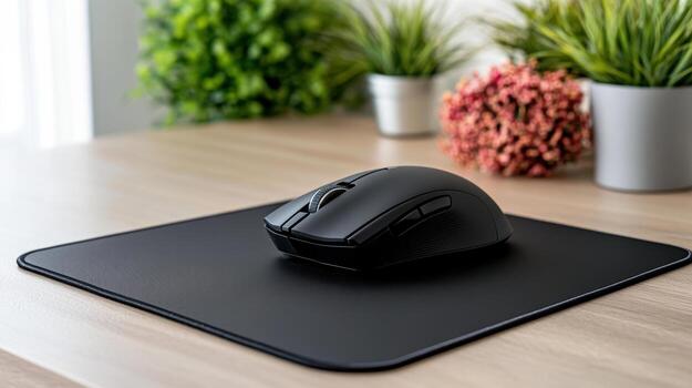 A black mouse sits on top of a desk photo