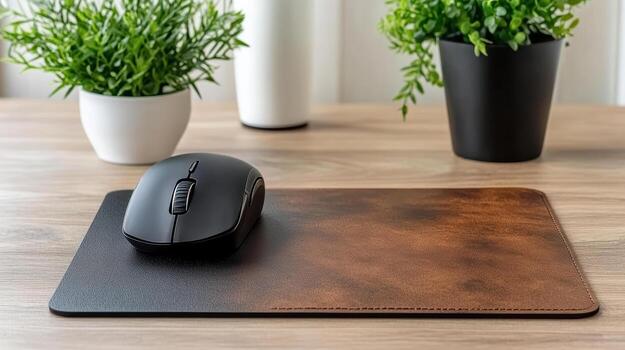 A mouse and a computer mouse on a desk photo