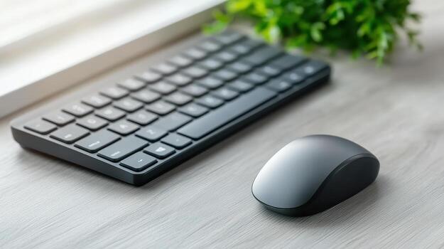 A wireless keyboard and mouse on a wooden desk photo