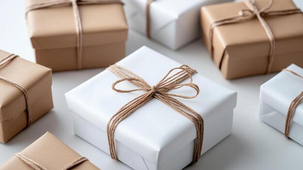 Many wrapped gift boxes with brown twine photo