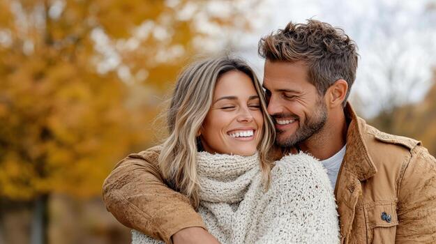 A man and woman are hugging in an autumn park photo