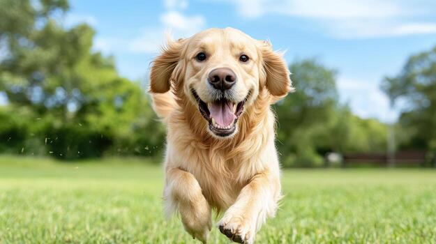 A golden retriever running on a green field photo