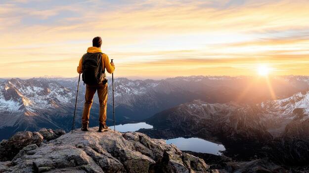 A man standing on top of a mountain with his back to the sun photo