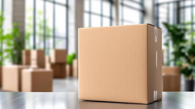 A cardboard box sitting on a table in front of a large window photo
