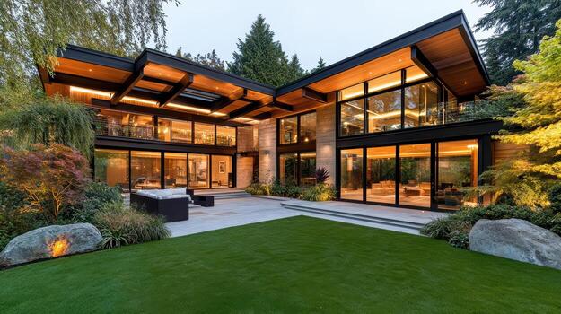 Modern home with large lawn and trees photo