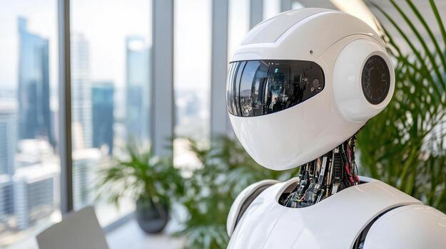 A robot standing in front of a window with cityscape in the background photo